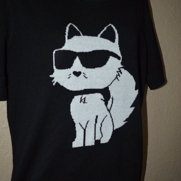 Sz M Karl Lagerfeld Paris Black White Choupette Cat Short Sleeve Soft Sweater - Picture 6 of 8